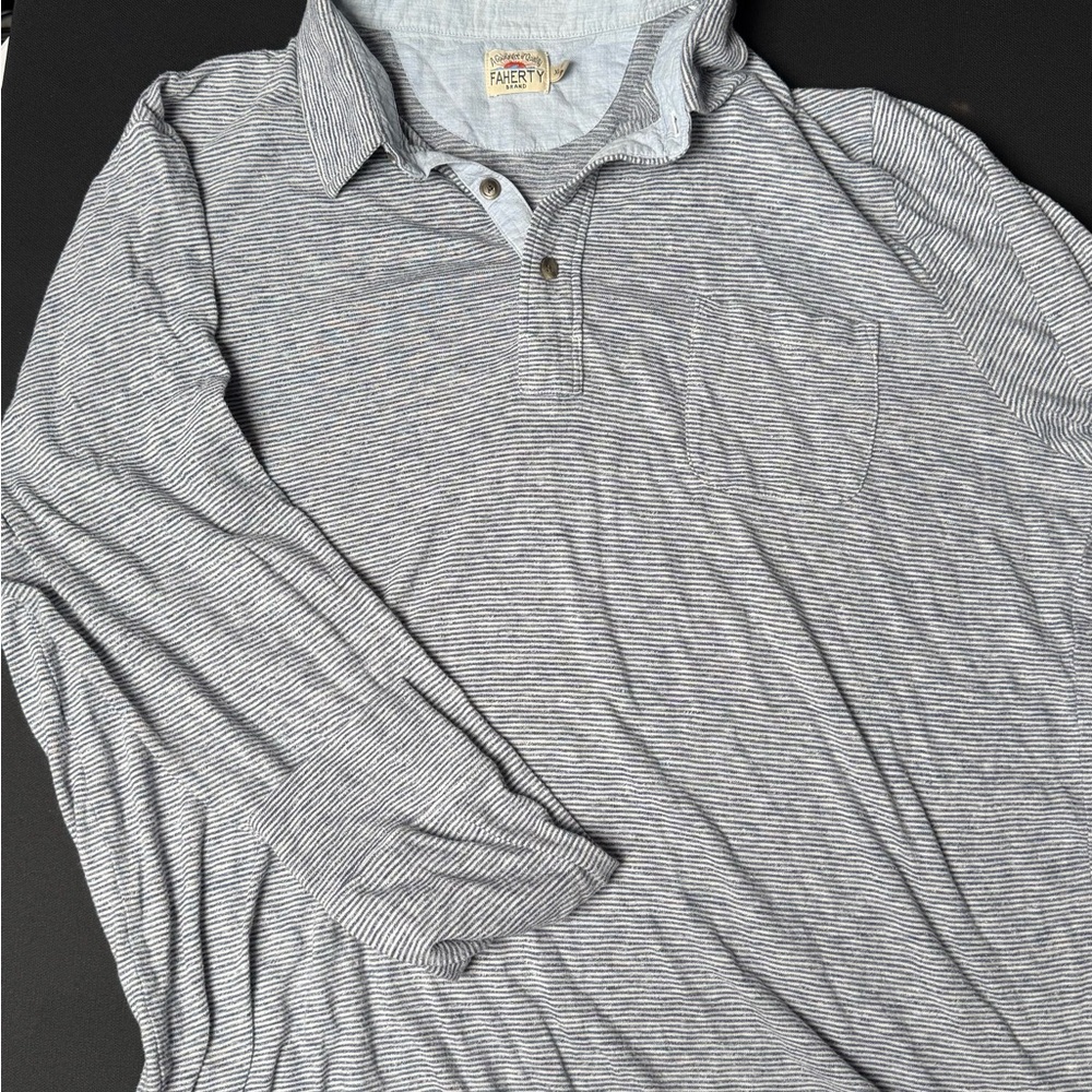 Faherty Grey Striped LS Polo Shirt